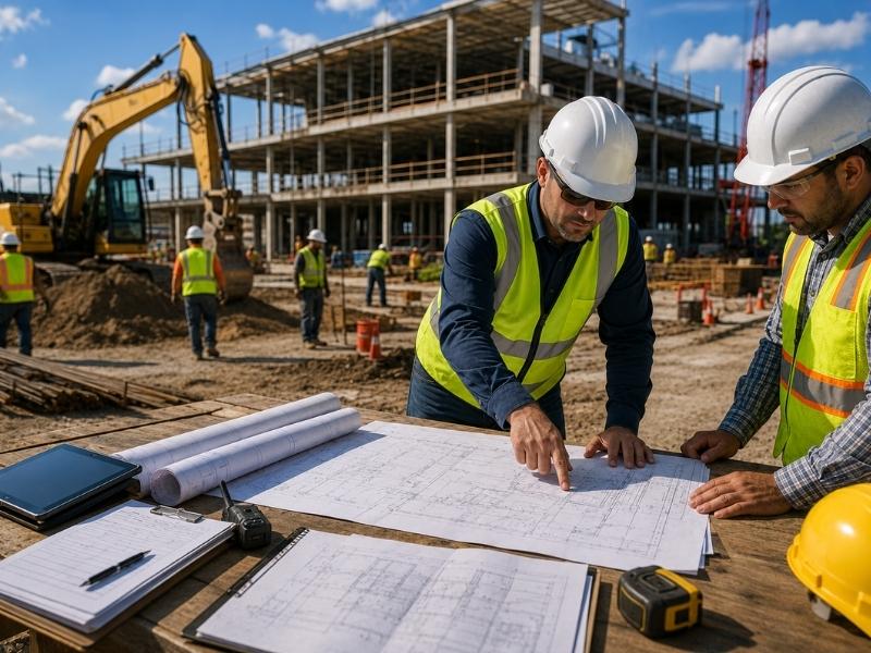 Construction managers reviewing building plans at an organized commercial construction site with active crews and equipment coordinating project work