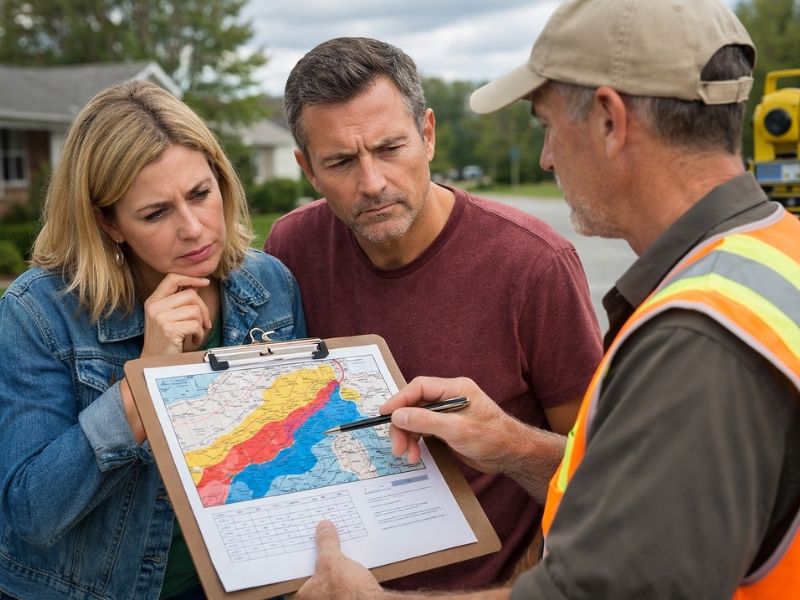 Civil engineer discussing a flood study map with property owners during the early planning stages of a development project.
