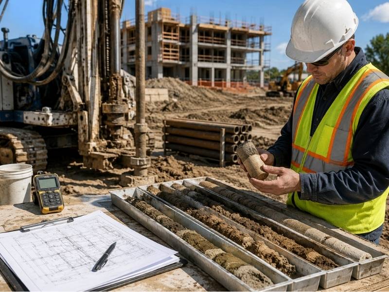 Geotechnical engineer examining soil core samples at a construction site to support foundation design and site development planning