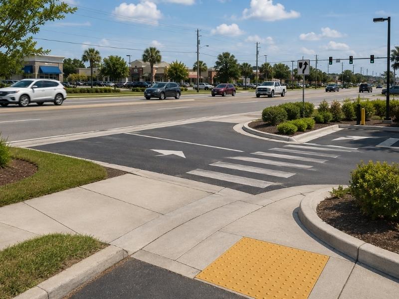 Roadway design showing a commercial driveway entrance with safe vehicle access, sidewalk crossing, and traffic lanes in Pensacola, Florida