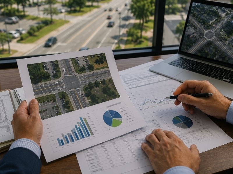 Civil engineers reviewing traffic study data with roadway plans and intersection analysis for a commercial development project in Pensacola, Florida
