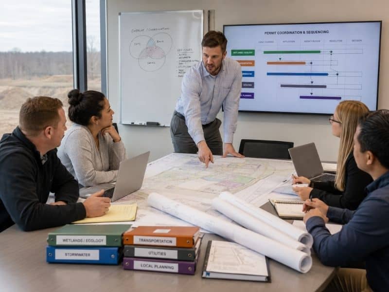 Civil engineering companies scope waterfront work through site planning, coastal infrastructure design, shoreline protection, and regulatory coordination.
