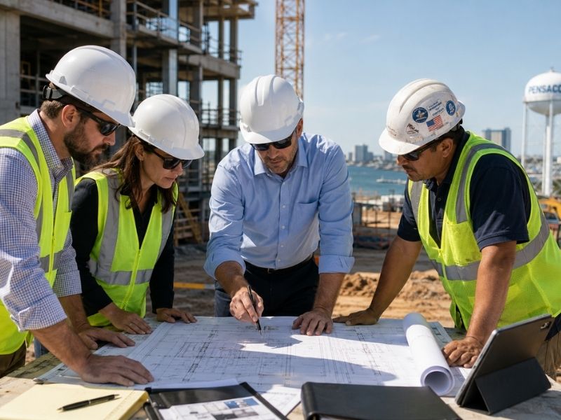 Construction project management team reviewing commercial building plans during planning and active construction in Pensacola, FL.