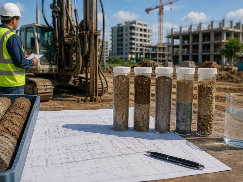 Geotechnical drilling operation with soil core samples and subsurface testing equipment supporting site design and engineering in Pensacola, FL.