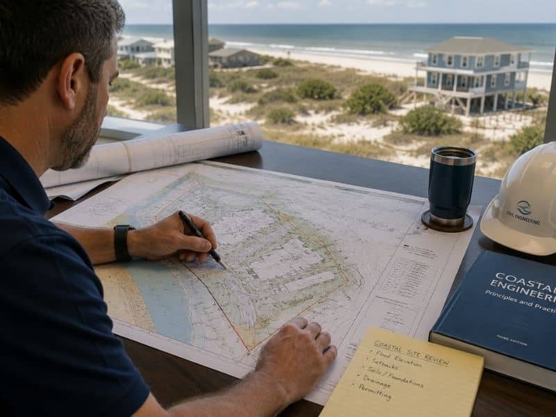 Licensed civil engineer review for coastal site deals showing an engineer studying plans beside an oceanfront development.
