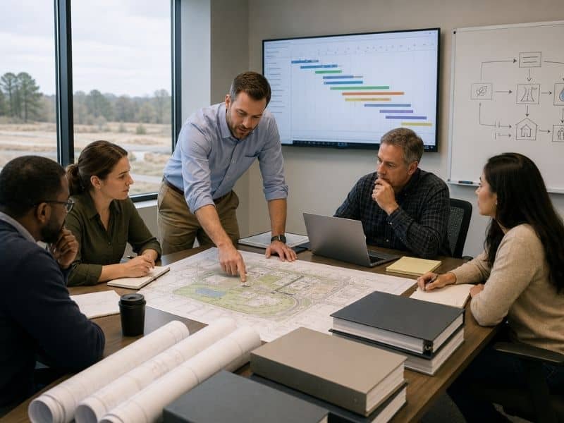 Licensed engineer coordination for multi-agency permits during a project team review of site plans, approval timelines, and agency requirements.