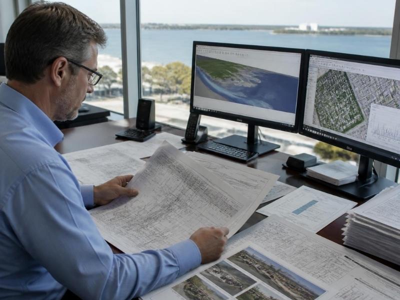 Engineering expert witness in Pensacola, Florida, reviewing drainage plans, inspection records, site photos and rainfall data.