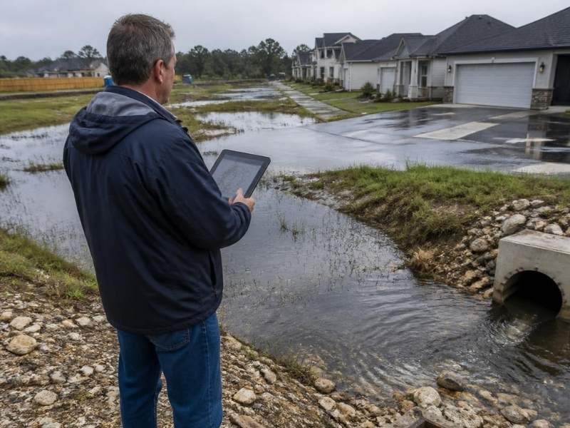 Drainage expert witness in Pensacola, Florida, inspecting standing water, a storm drain and a culvert after heavy rain.