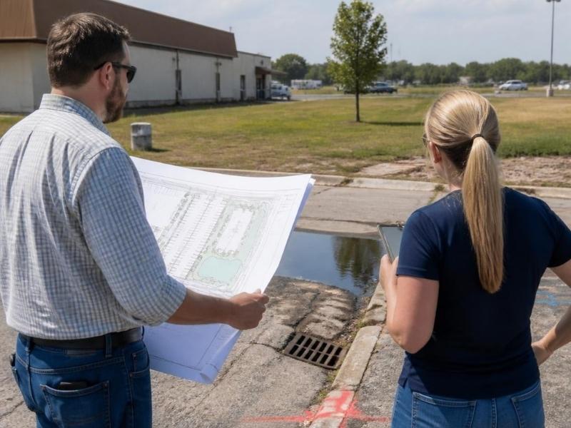 Land planner and civil engineer reviewing drainage, utility markings and site conditions at a redevelopment parcel in Pensacola, Florida.
