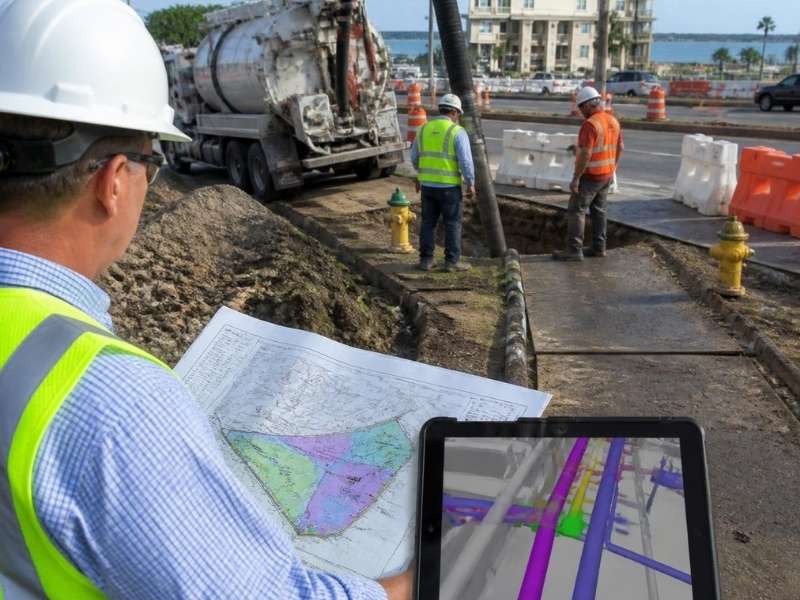 Civil engineer in Pensacola, Florida, reviewing utility plans and a 3D model beside vacuum excavation work in a crowded road corridor.