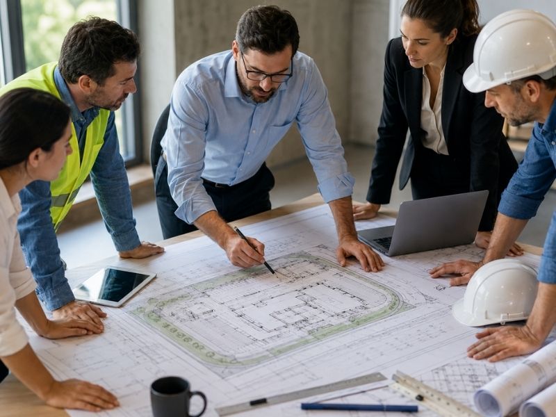 Professional engineer coordinating architects, contractors, and project team members during a commercial site planning meeting in Pensacola, FL.
