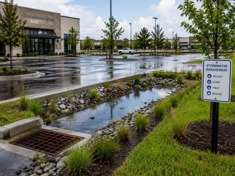Commercial stormwater design features including a bioswale and drainage system protecting a retail site in Pensacola, FL.