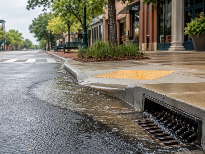Stormwater design improvements along a downtown Pensacola street, with a curb inlet and accessible pedestrian ramp