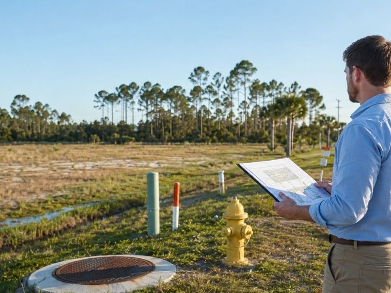 Land development engineer reviewing utility infrastructure at a proposed development site in Pensacola, Florida