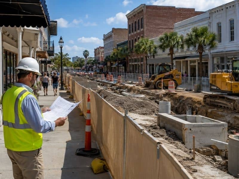 Construction manager coordinating a downtown corridor work zone in Pensacola, Florida