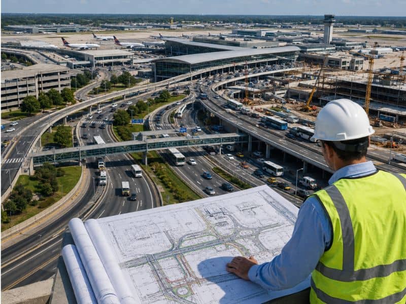 Roadway engineer planning airport traffic growth by reviewing airport access roads and transportation infrastructure in Pensacola, Florida.
